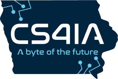 computer science for iowa logo is the shape of Iowa with "CS4IA a byte of the future" in the center with electronic nodes in the corners
